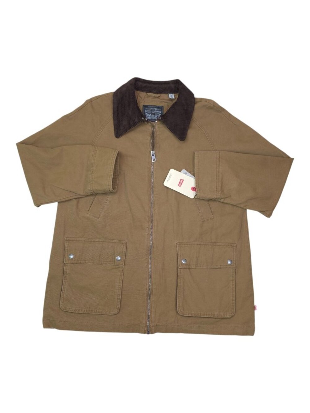 Levis Mens XL Brown Canvas Jacket With Corduroy Collar & Dual Front Pockets Zip